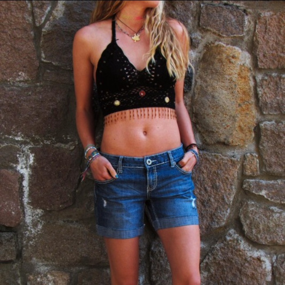 Mid Wash Distressed Denim Jean Shorts